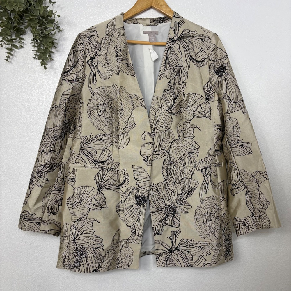 H&M Floral Jacquard Blazer Gold Black Open Front Jacket L - Picture 2 of 7